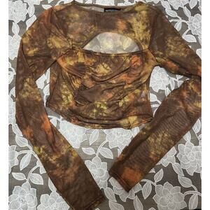Pretty Little Thing Long Sleeve Mesh Crop Top Brown Tye Dye Size 2